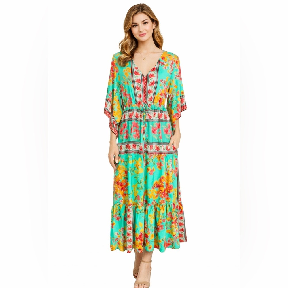 Me 2 Magic Dress Womens L Green Floral Boho Maxi Kimono Sleeves Lightweight